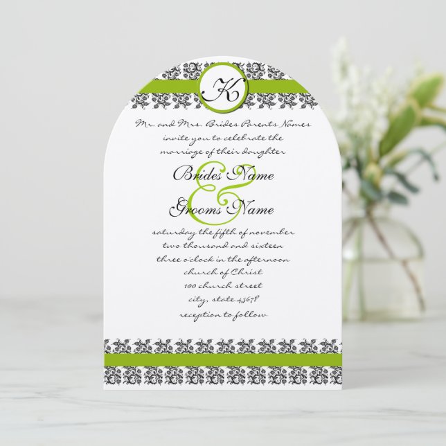Apple Green Damask Borders Wedding Invitation (Standing Front)