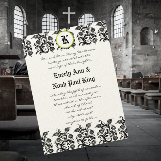 Apple Green Damask Borders Wedding Invitation (Creator Uploaded)