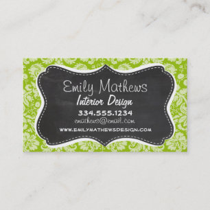 Apple Green Damask Pattern; Chalkboard Business Card