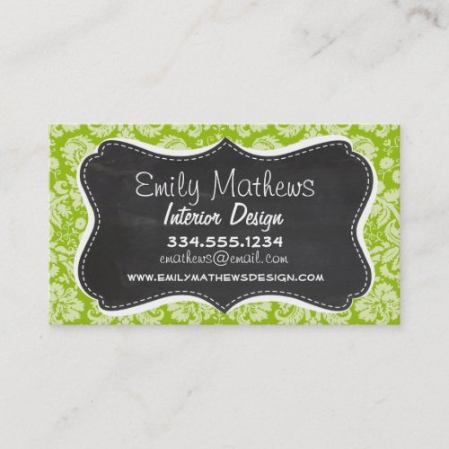Apple Green Damask Pattern; Chalkboard Business Card