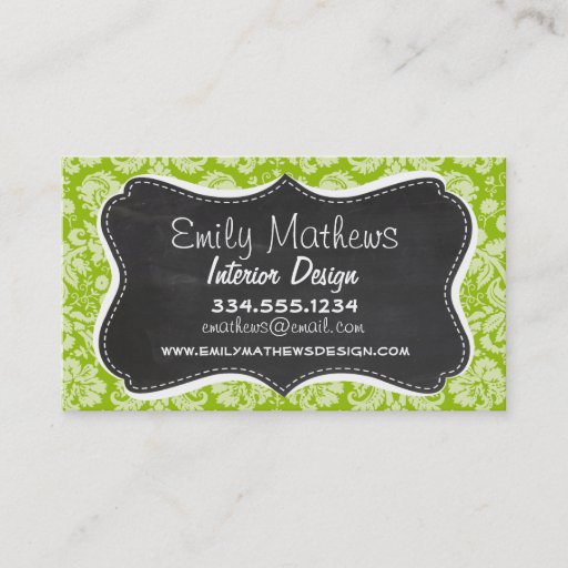 Customizable Apple Green Damask Pattern; Chalkboard Business Card