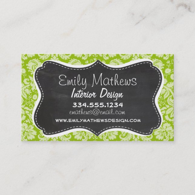 Apple Green Damask Pattern; Chalkboard Business Card (Front)