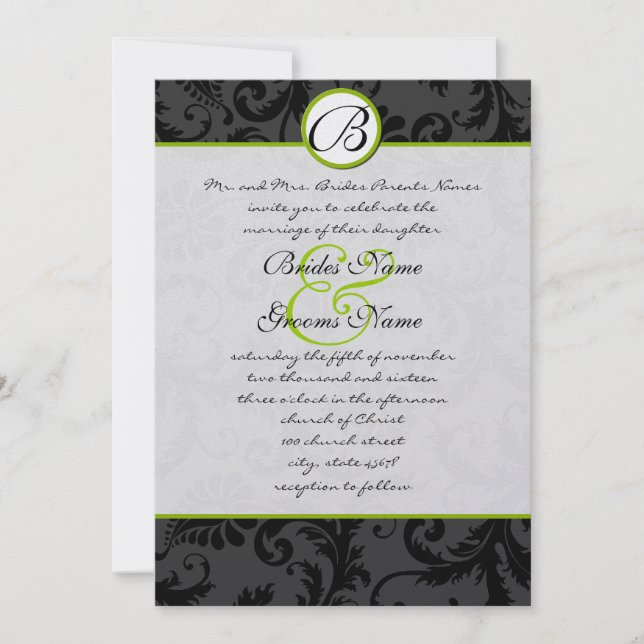 Apple Green Damask Swirls Wedding Invitation (Front)