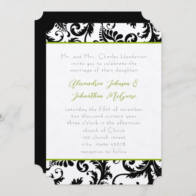 Apple Green Damask Swirls Wedding Invitation (Front/Back)