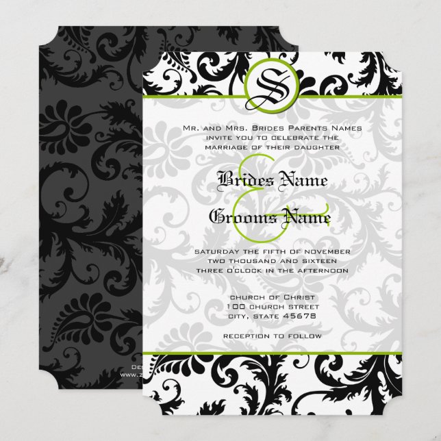 Apple Green Damask Swirls Wedding Invitation (Front/Back)