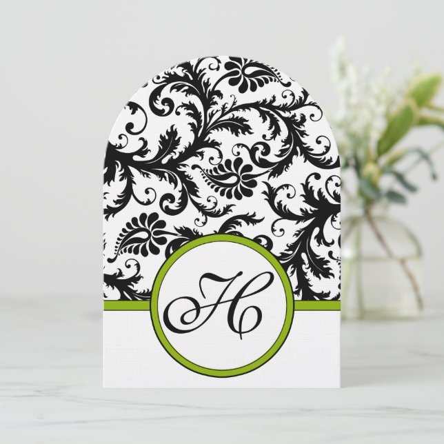 Apple Green Damask Swirls Wedding Invitation (Standing Front)