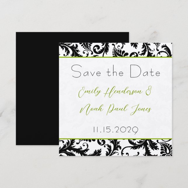 Apple Green Damask Swirls Wedding Save the Date (Front/Back)