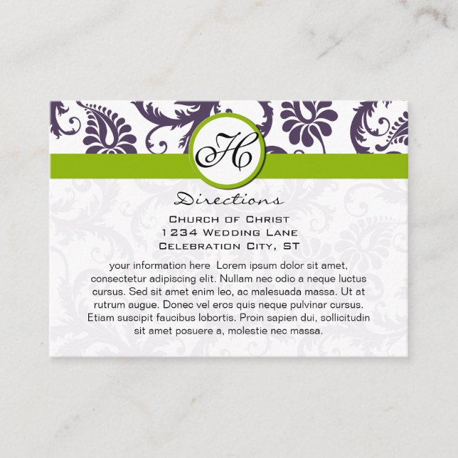 Apple Green Lapis Purple Damask Wedding Info Cards (Front)