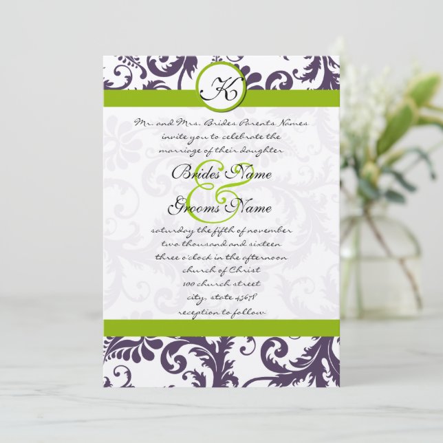 Apple Green Lapis Purple Damask Wedding Invitation (Standing Front)