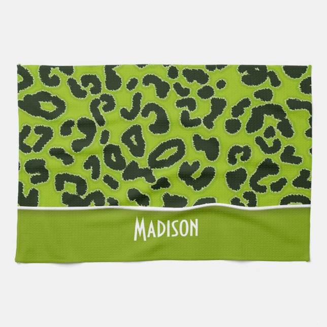 Apple Green Leopard Animal Print; Personalized Towel (Horizontal)