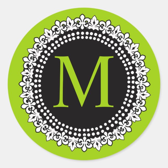 Apple Green Monogram M Fleur de lis Wedding Label (Front)