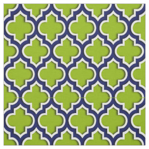 Apple Green, Navy Blue Moroccan Quatrefoil #5DS Fabric