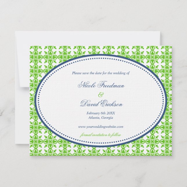 Apple green navy oval preppy wedding save the date (Front)