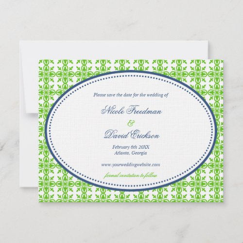 Apple green navy oval preppy wedding save the date