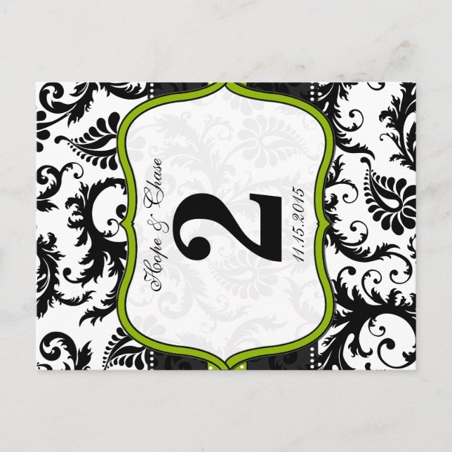 Apple Green Trim Damask Swirls Table Number Cards (Front)