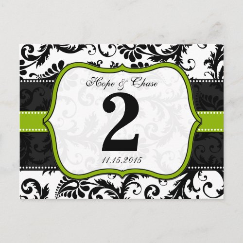 Apple Green Trim Damask Swirls Table Number Cards