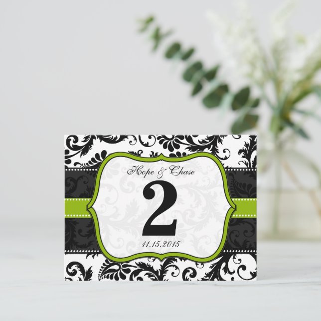 Apple Green Trim Damask Swirls Table Number Cards (Standing Front)