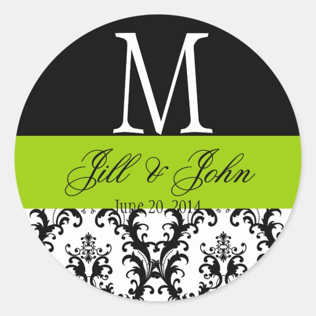 Apple Green Wedding Monogram Date Damask Sticker (Front)