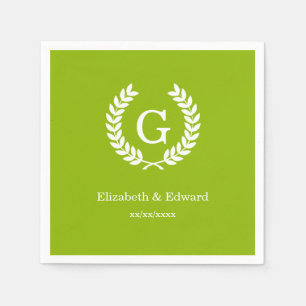 Apple Green Wheat Laurel Wreath Initial Monogram Paper Napkins