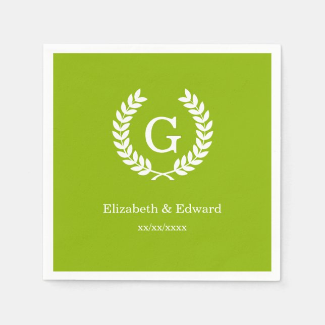Apple Green Wheat Laurel Wreath Initial Monogram Paper Napkins (Front)
