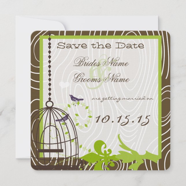 Apple Green Whimsical Wood Grain Birdcage Wedding  Invitation (Front)