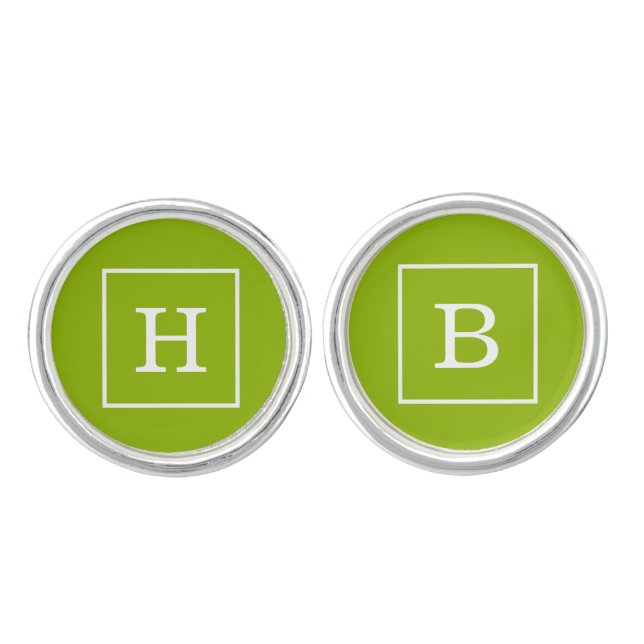Apple Green White Framed Initial Monogram Cufflinks (Front)