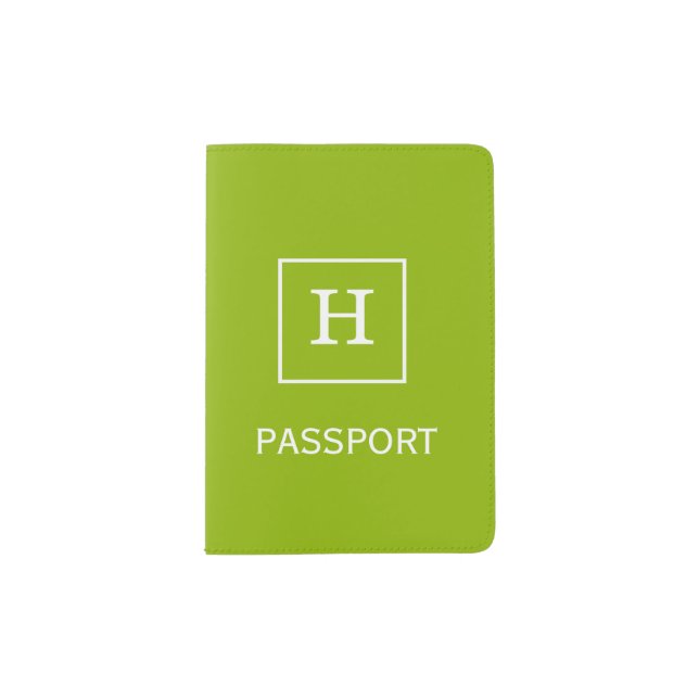 Apple Green White Framed Initial Monogram Passport Holder (Front)