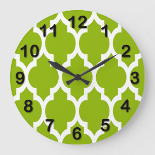 Apple Green White Moroccan Quatrefoil Pattern #4 Large Clock