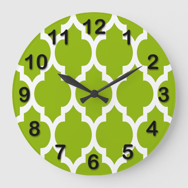 Apple Green White Moroccan Quatrefoil Pattern #4 Large Clock (Front)