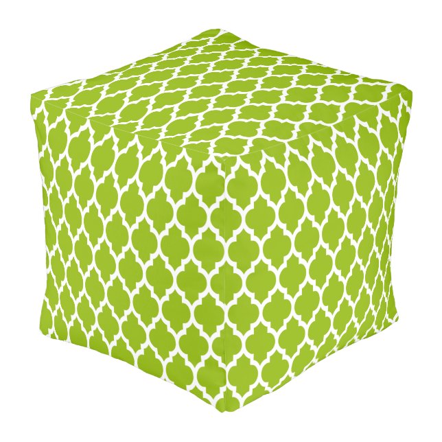 Apple Green White Moroccan Quatrefoil Pattern #4 Pouf (Angled Front)