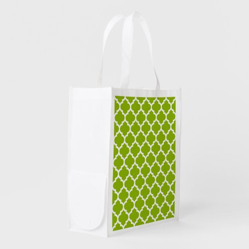 Apple Green White Moroccan Quatrefoil Pattern 5 Reusable Grocery Bag