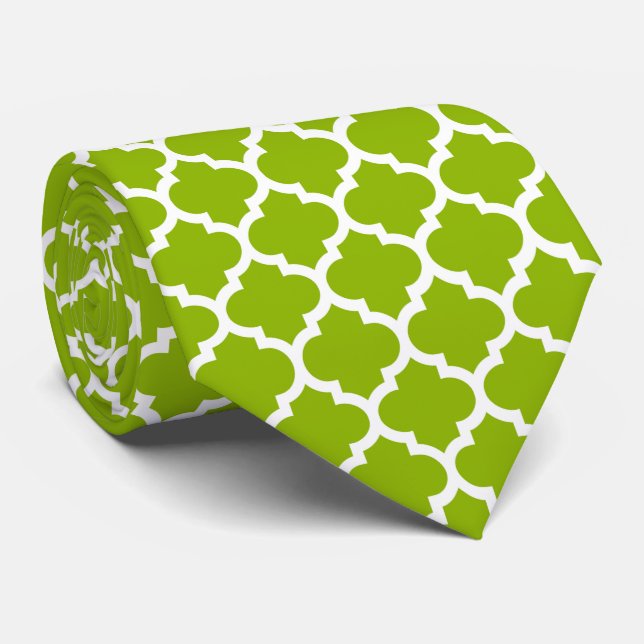 Apple Green White Moroccan Quatrefoil Pattern #5 Tie (Rolled)