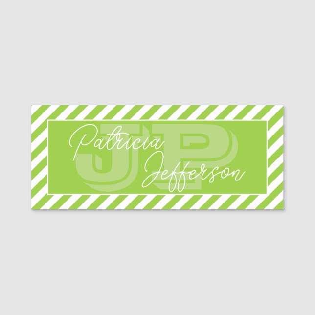 Apple Green White Striped Unique Monogram Name Tag (Front)