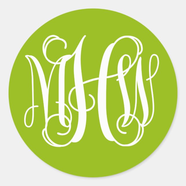 Apple Green White Vine Script Monogram DIY BG Classic Round Sticker (Front)