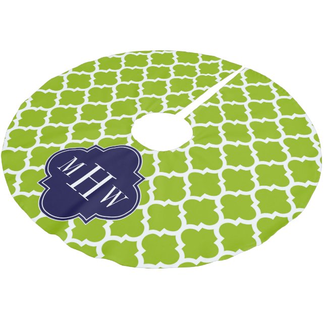Apple Green Wt Moroccan #5 Navy 3 Initial Monogram Brushed Polyester Tree Skirt (Angled)