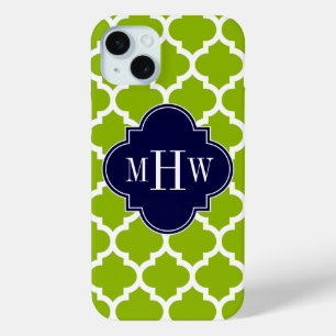 Apple Green Wt Moroccan #5 Navy 3 Initial Monogram iPhone 15 Plus Case