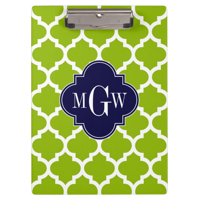 Apple Green Wt Moroccan #5 Navy 3 Initial Monogram Clipboard (Front)