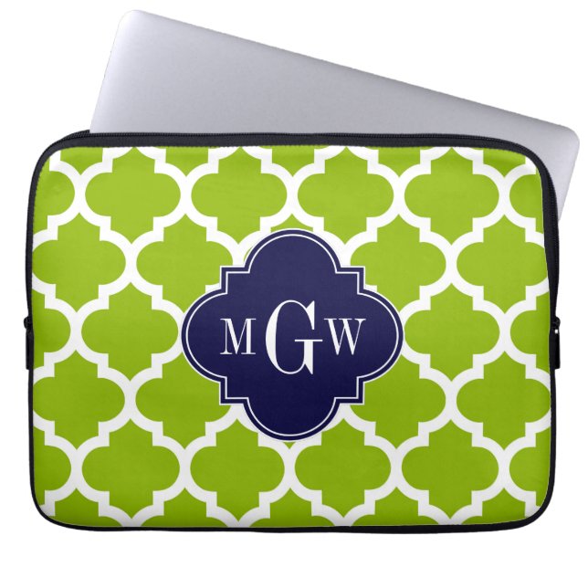 Apple Green Wt Moroccan #5 Navy 3 Initial Monogram Laptop Sleeve (Front)
