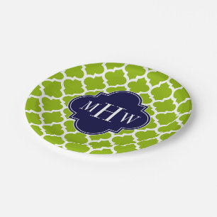 Apple Green Wt Moroccan #5 Navy 3 Initial Monogram Paper Plates