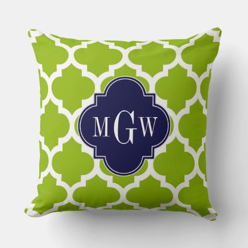 Apple Green Wt Moroccan 5 Navy 3 Initial Monogram Throw Pillow