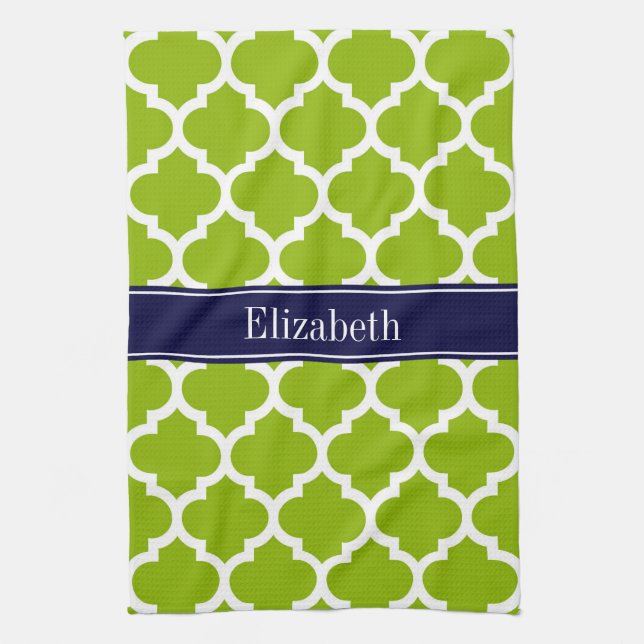 Apple Grn Wht Moroccan #5 Navy Blue Name Monogram Kitchen Towel (Vertical)