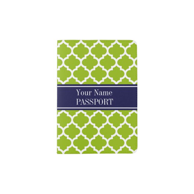 Apple Grn Wht Moroccan #5 Navy Blue Name Monogram Passport Holder (Front)