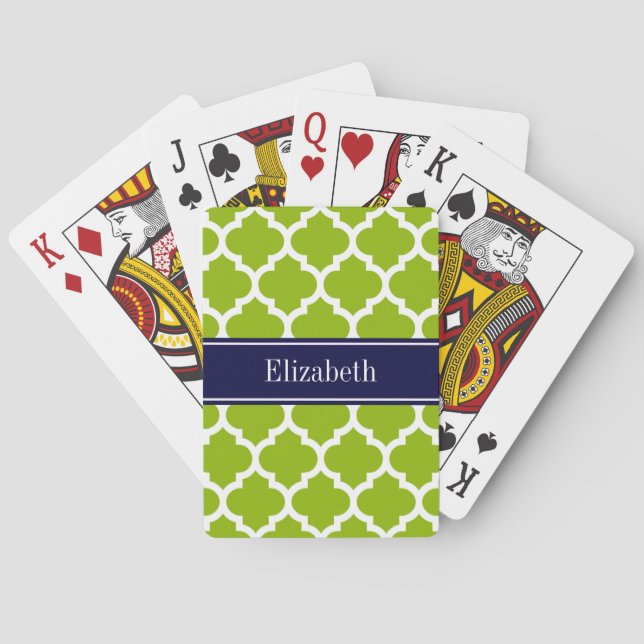 Apple Grn Wht Moroccan #5 Navy Blue Name Monogram Poker Cards (Back)