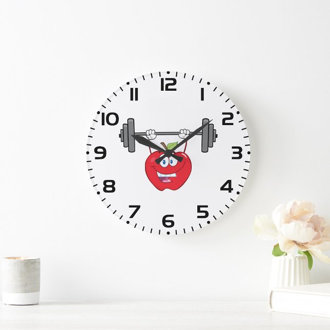 Apple Lifting Weights Fitness Fruit Character  Large Clock (Creator Uploaded)