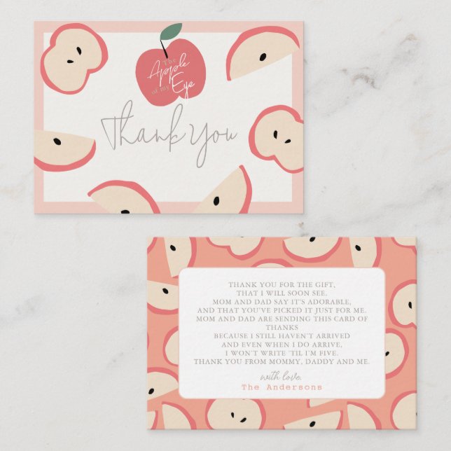 Apple of my Eye Pink Girl Baby Shower Thank You Note Card (Front/Back)
