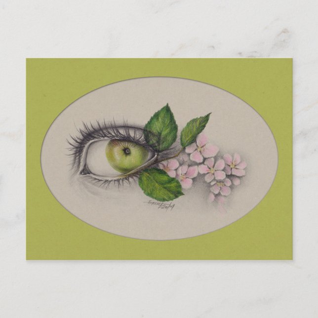 Apple of my eye Surreal drawing art Green Postcard (Front)