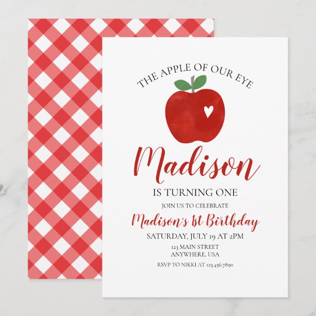Apple of our Eye 1st Birthday Invitation (Front/Back)