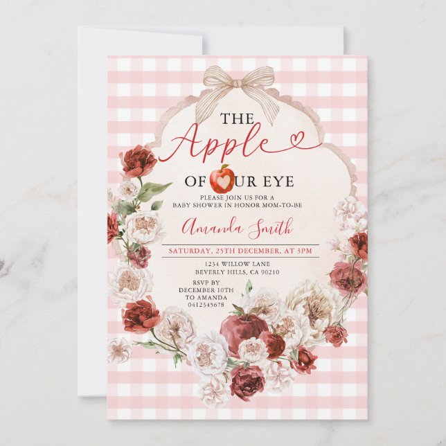 Apple of Our Eye Baby Shower Bow Pink Gingham Invitation (Front)