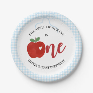 Apple of our eye blue gingham bow birthday paper plates