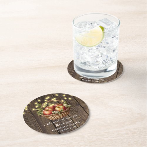 Apple Of Our Eye Fall Floral Wood Baby Shower Round Paper Coaster